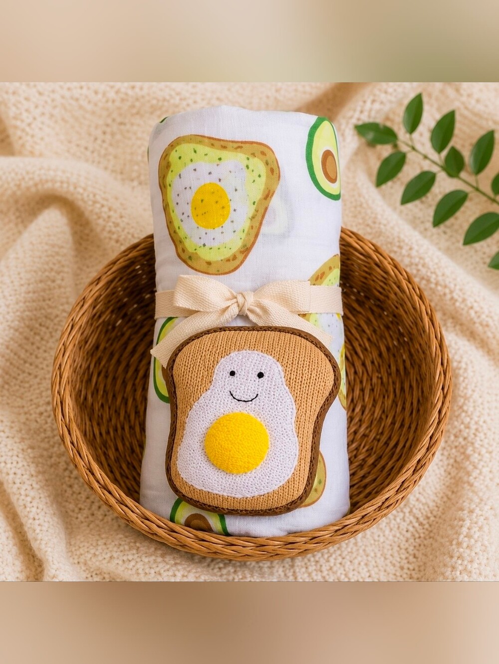 Mud Pie Avocado Toast Muslin Swaddle Blanket & Toast Rattle Baby Gift Set